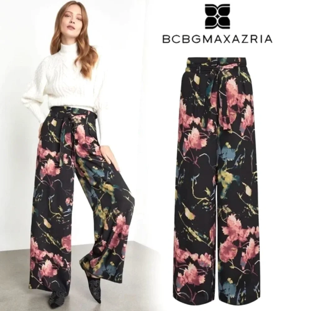 BCBGMaxAzria Black Floral Wide Leg Palazzo Pants - Picture 2 of 15